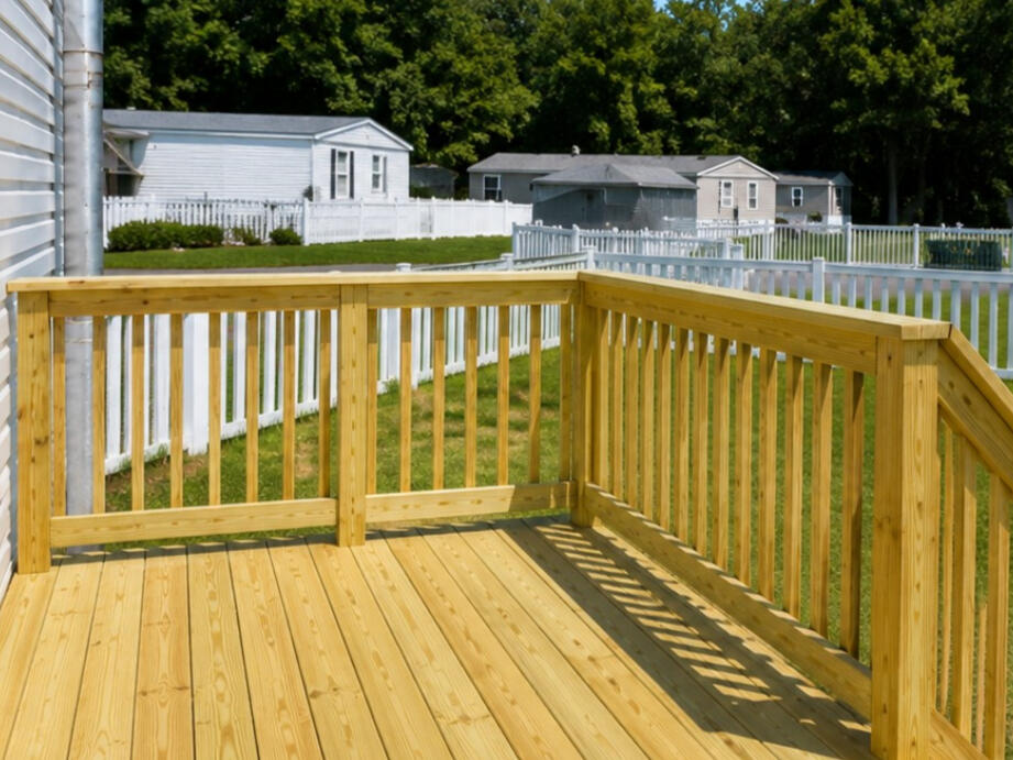 Finished deck—front and stair view Front view of a finished pressure-treated deck and stairs
