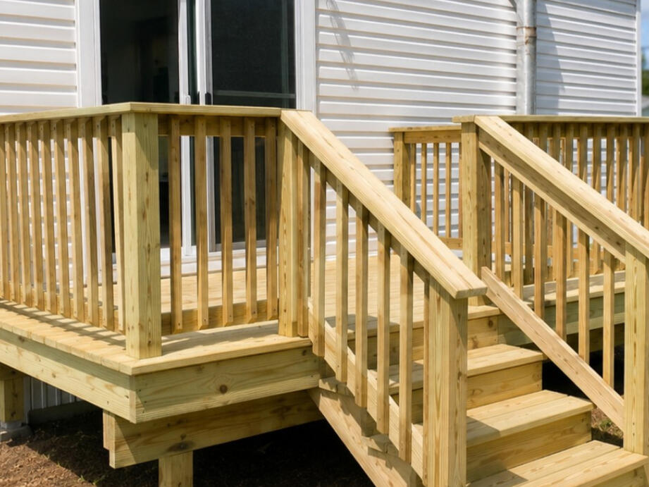 Finished pressure-treated wood deck with railings and stairs in Myrtle Beach