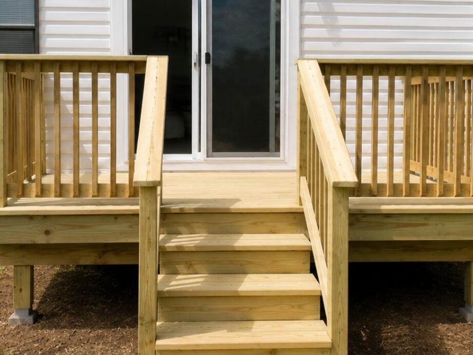Completed pressure-treated deck with centered stairs and wood railings